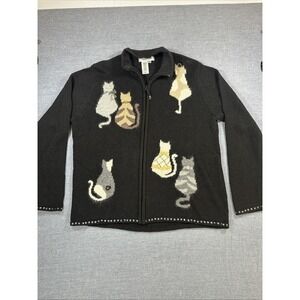 Coldwater Creek Cat Cardigan Sweater Womens XL Zip Black Ramie Wool Angora Cats